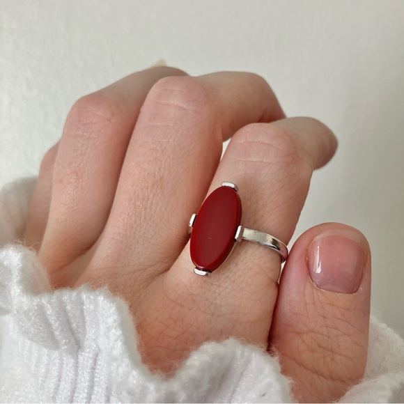 Sarah Coventry Oval Red Stone Statement Ring Coral Scarlet Orangey Bohemian - Picture 4 of 13